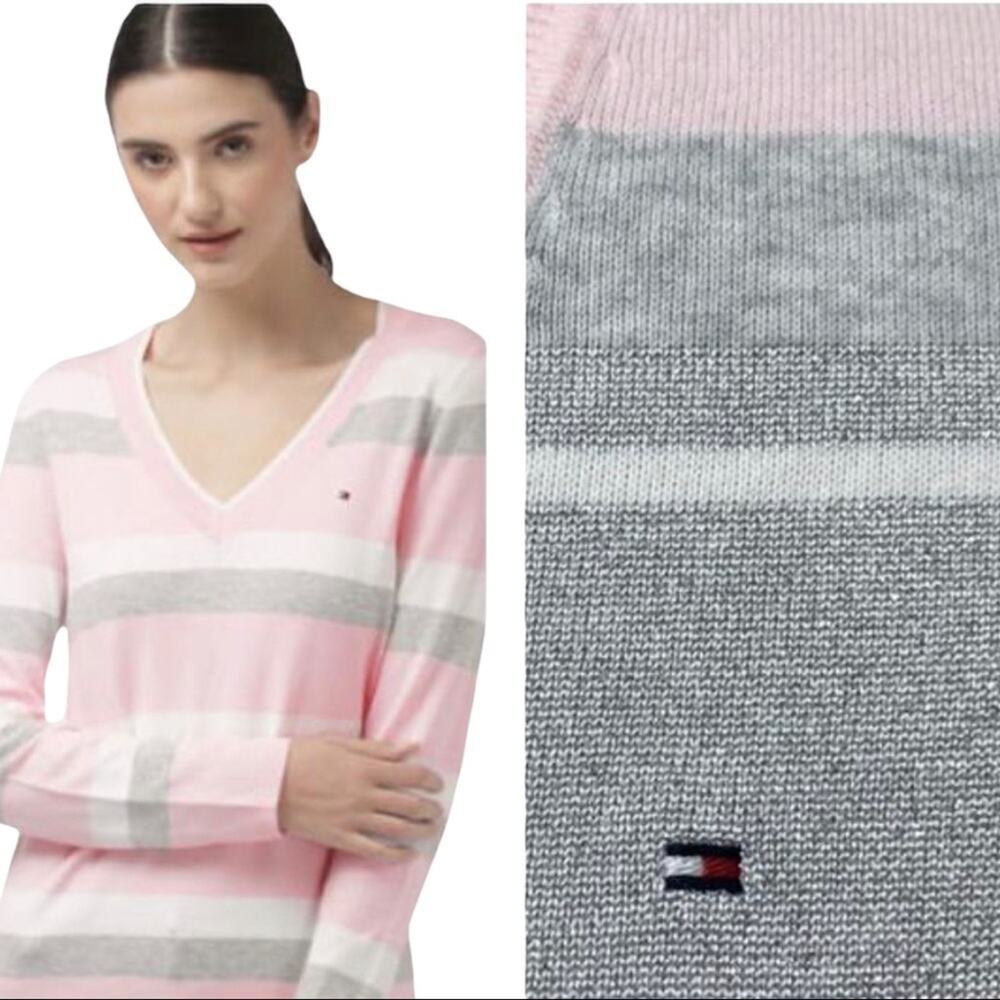Tommy Hilfiger Metallic Striped V-neck Pink Silver Combo Sweater Small
